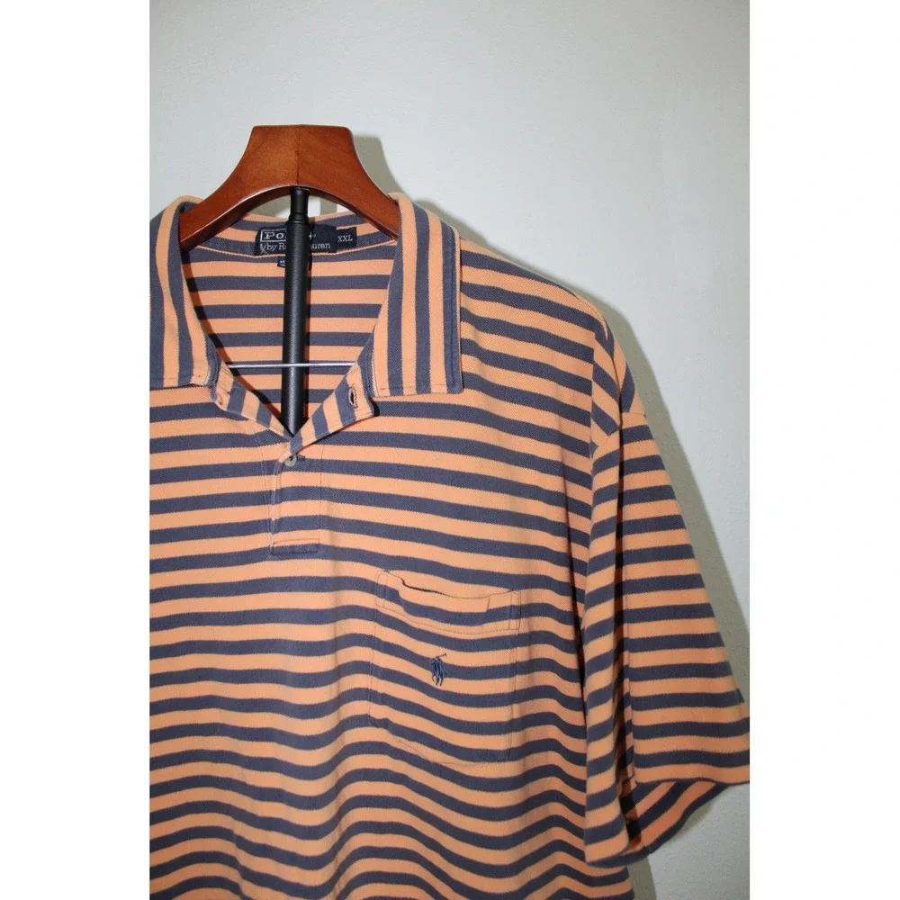 VTG Polo Ralph Lauren Mens XXL Orange Navy Blue Striped Pocket Polo Shirt Cotton